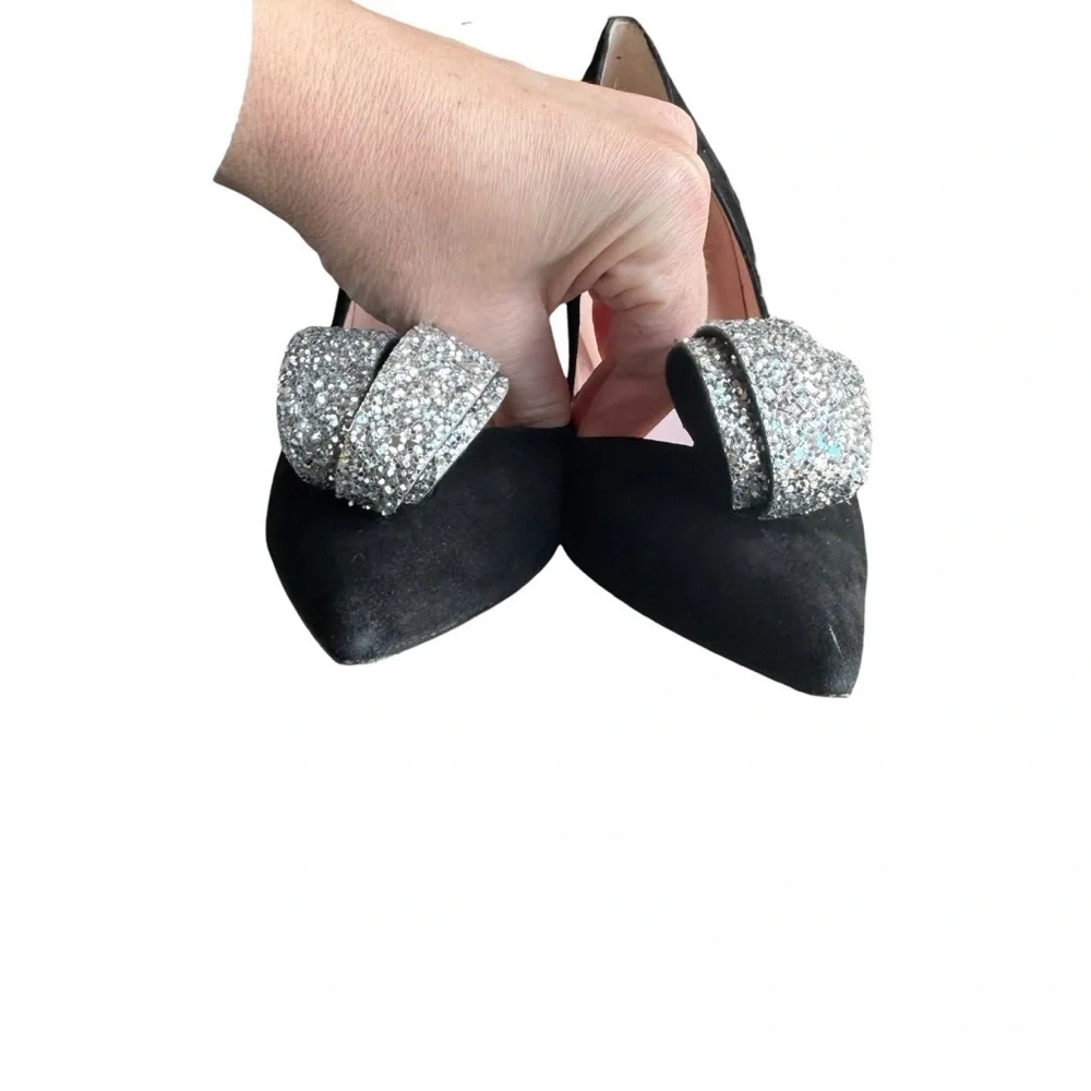 Kate Spade - Black Suede Pointed Toe Pumps Crystal Bow Heels Size 8